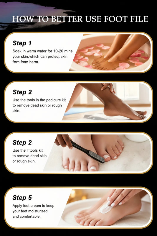 Instructions on how to better use a foot file with step-by-step guide and images of feet being cared for.