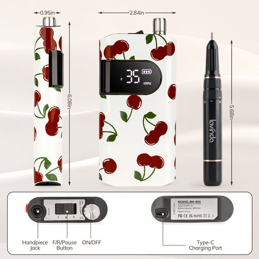 Wand™ Nail Drill - Cherry Print - 35,000 RPM Rechargeable by Lavinda