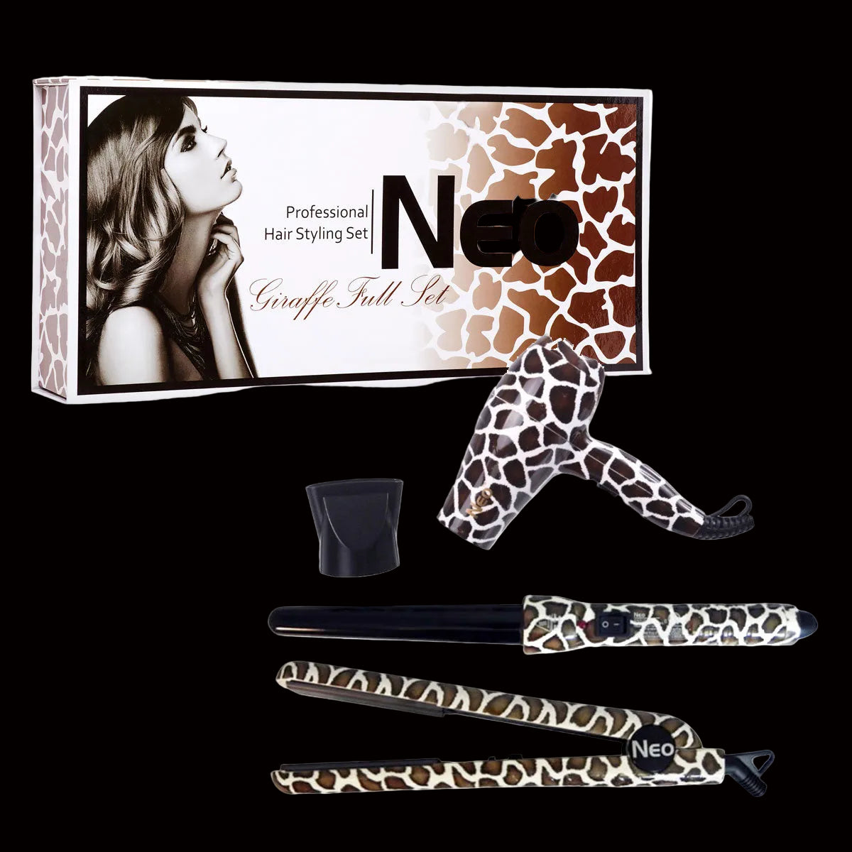 The Full Set - 1.25" Ceramic Flat Iron w/ 25-18mm Curling Wand & Mini Travel Hair Dryer - Giraffe by VYSN