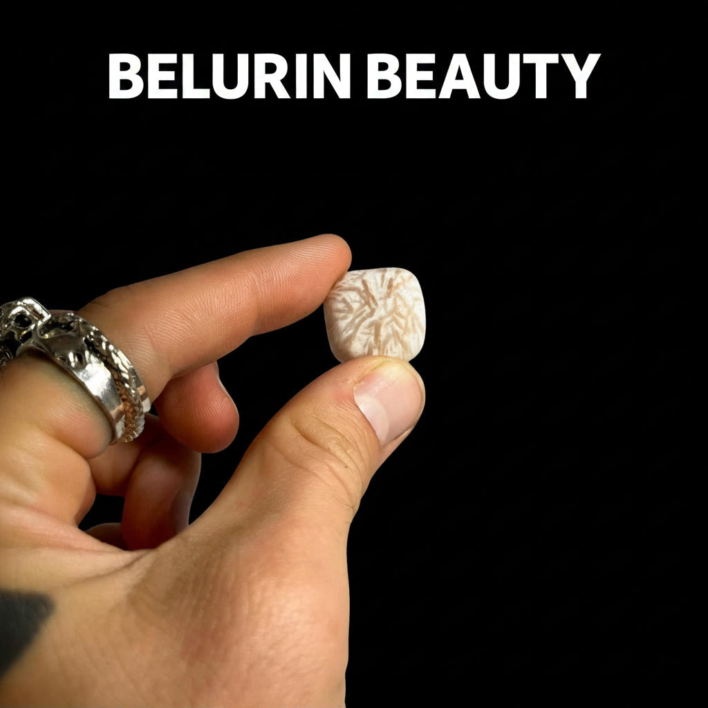 Hand holding a small white object against a black background