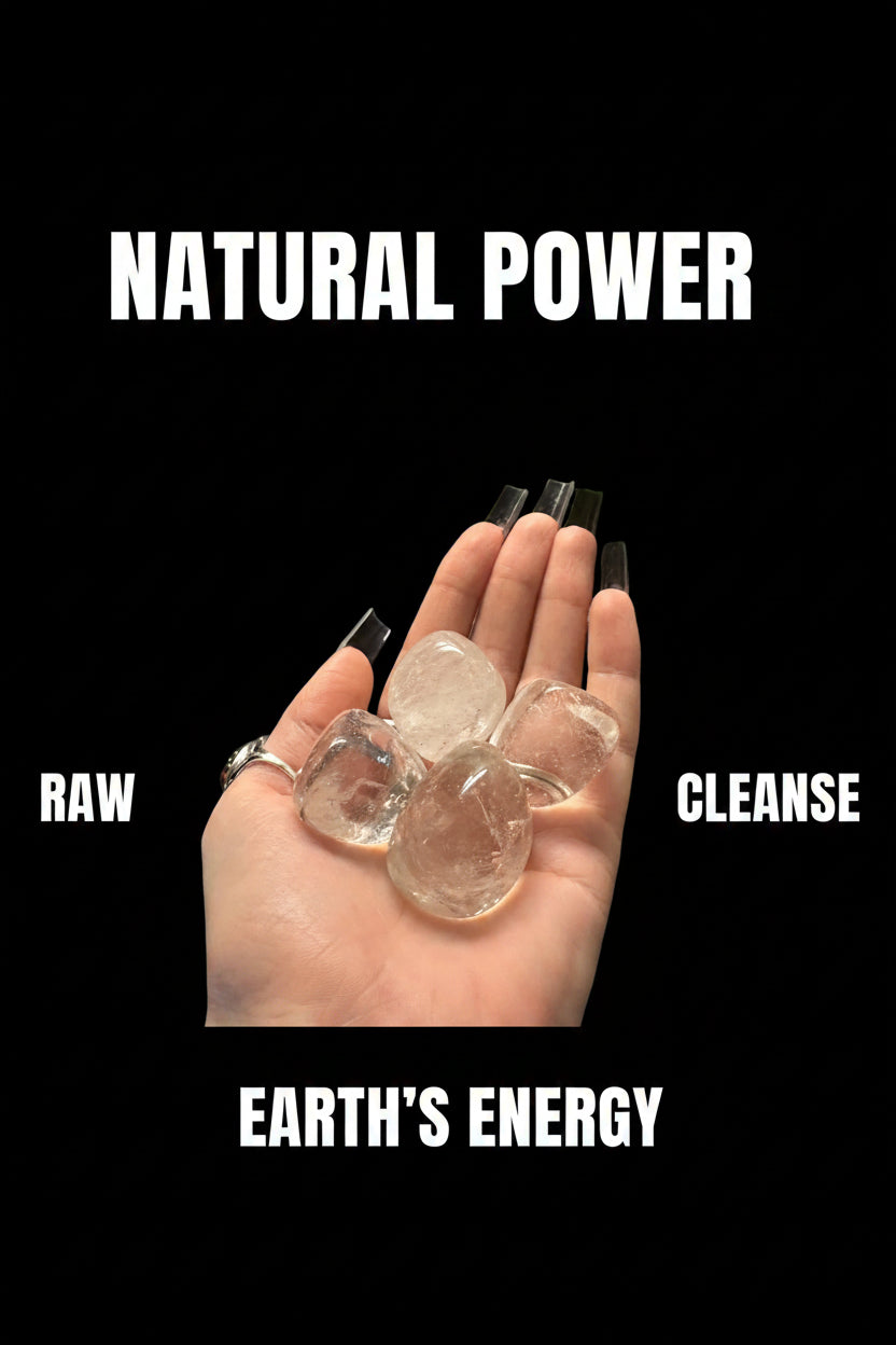 Hand holding three clear crystal stones against a black background