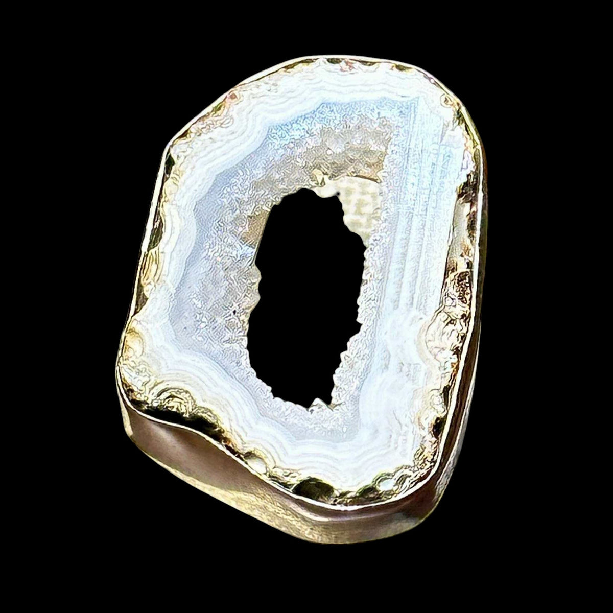 White Bands Agate Geode Slice Ring – Sterling Silver – Size 7
