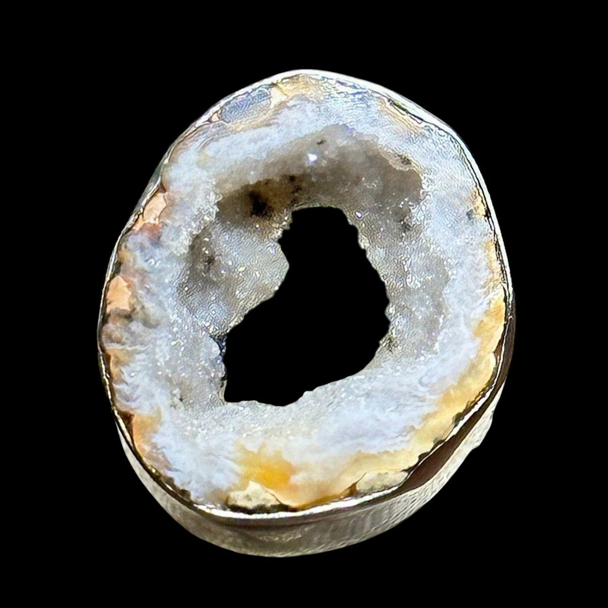 Honey Gray Agate Geode Slice Ring – Sterling Silver – Size 7