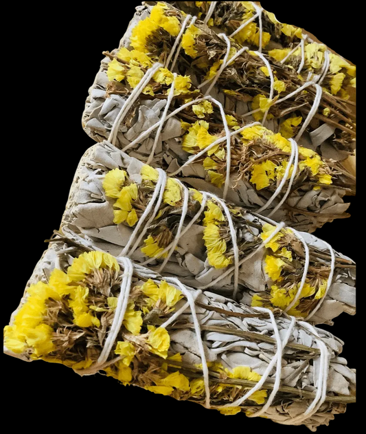 4" Sustainably Harvested - White Sage & Yellow Sinuata Flower - AetherLux.Shop