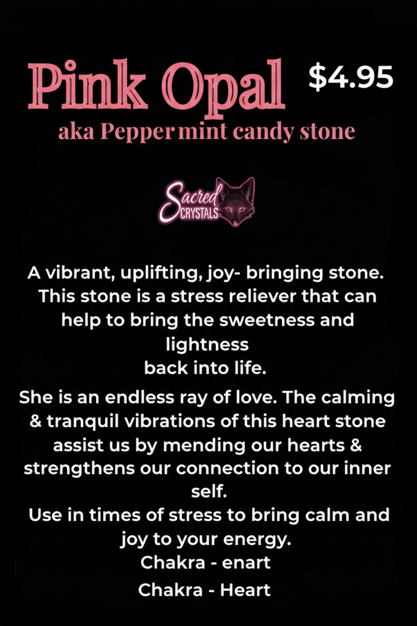Product description card for Pink Opal stone with text and branding.