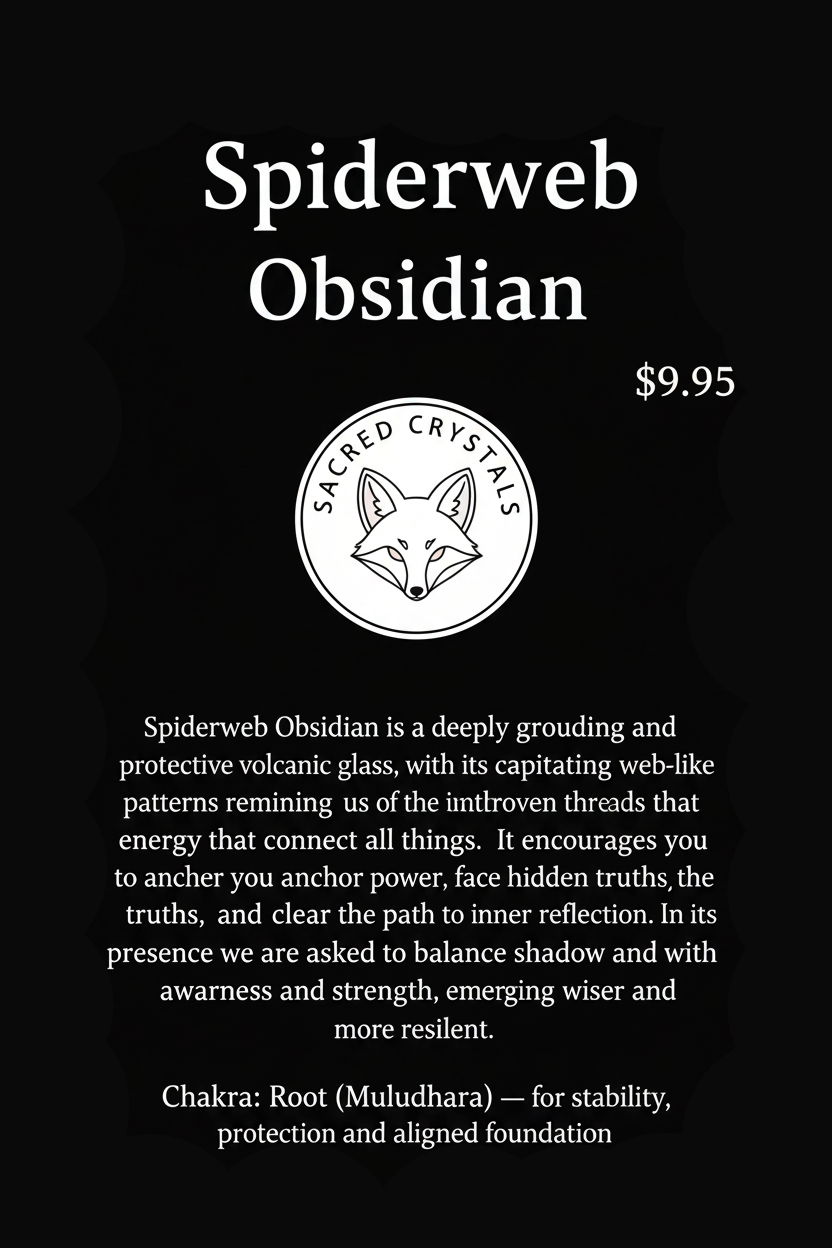 Product description card for Spiderweb Obsidian with text and brand logo.