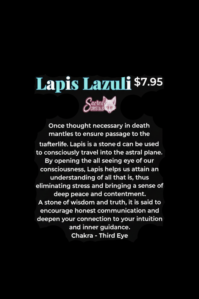 Lapis Lazuli product description card with text and price