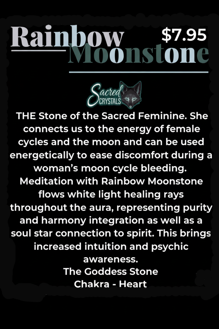 Product label for Rainbow Moonstone with text about its properties and uses.