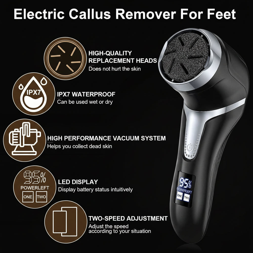 Electric callus remover for feet with features listed on a light blue background