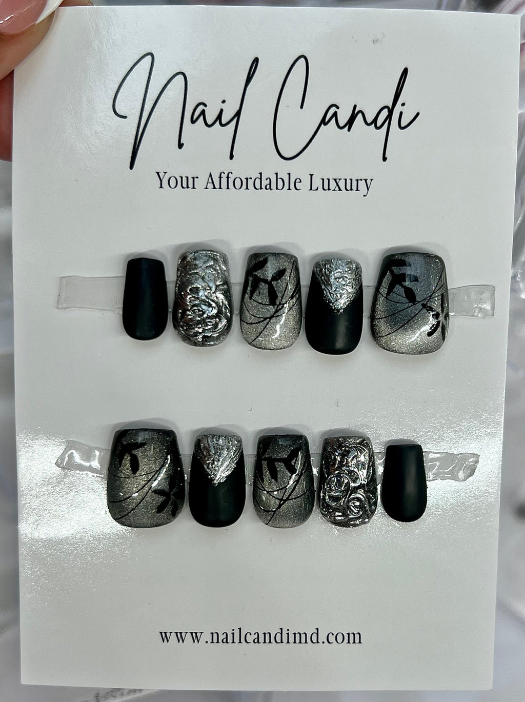 Handmade Short Black & Silver Chrome Nails