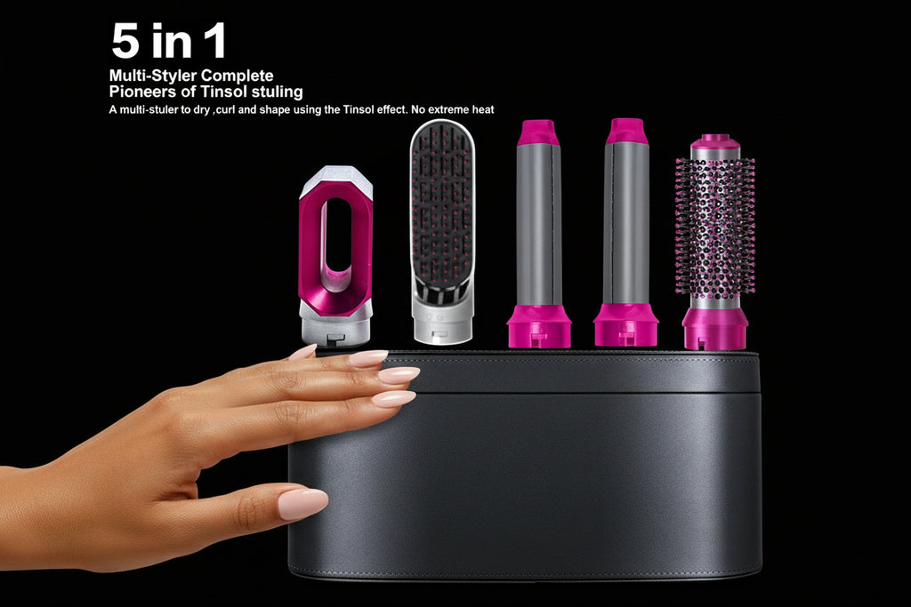 5-in-1 multi-styler with various attachments on a white background