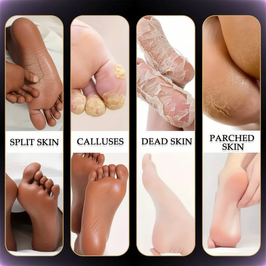 Comparison of different types of dry skin on feet with labels.