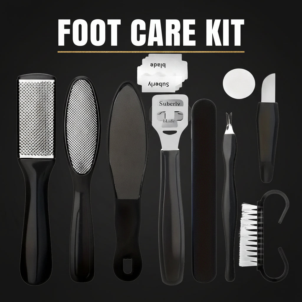 Set of black foot care tools on a white background