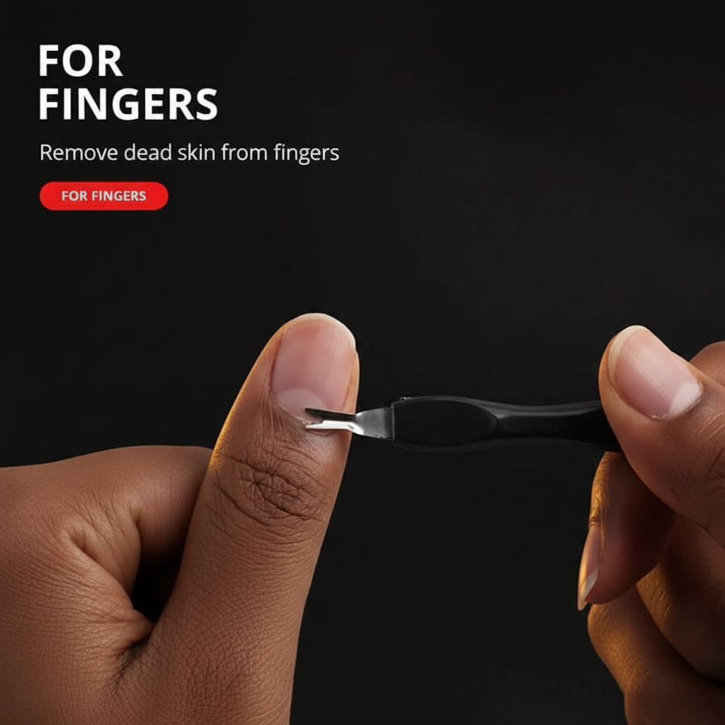 Person using a cuticle nipper on their finger with text indicating it's for removing dead skin from fingers.
