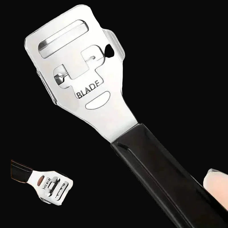 Hair removal tool with black handle and silver blade on a white background