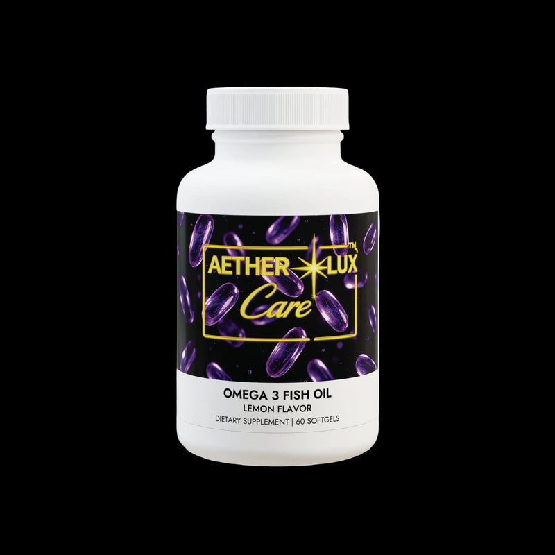 Bottle of Aether Lux Care Omega 3 Fish Oil on a white background