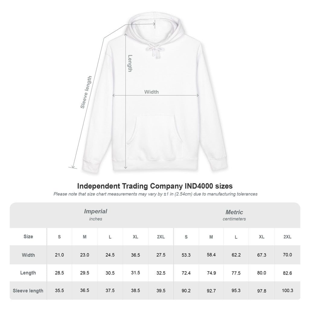 White hoodie with size chart measurements on a white background