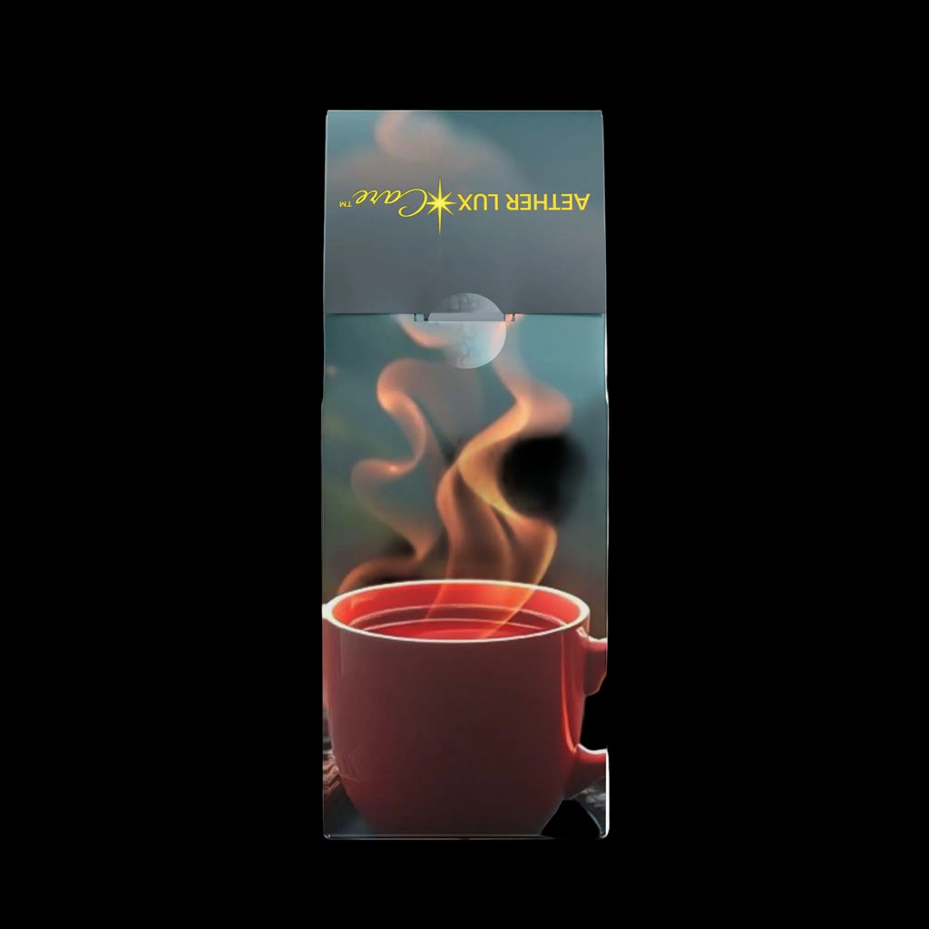 Product packaging with a red cup and steam, featuring the brand 'Aether Lux'.