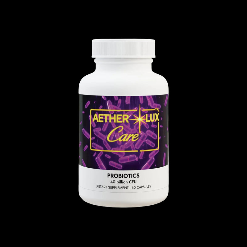 Supplement bottle labeled 'Aether Lux Care' on a white background