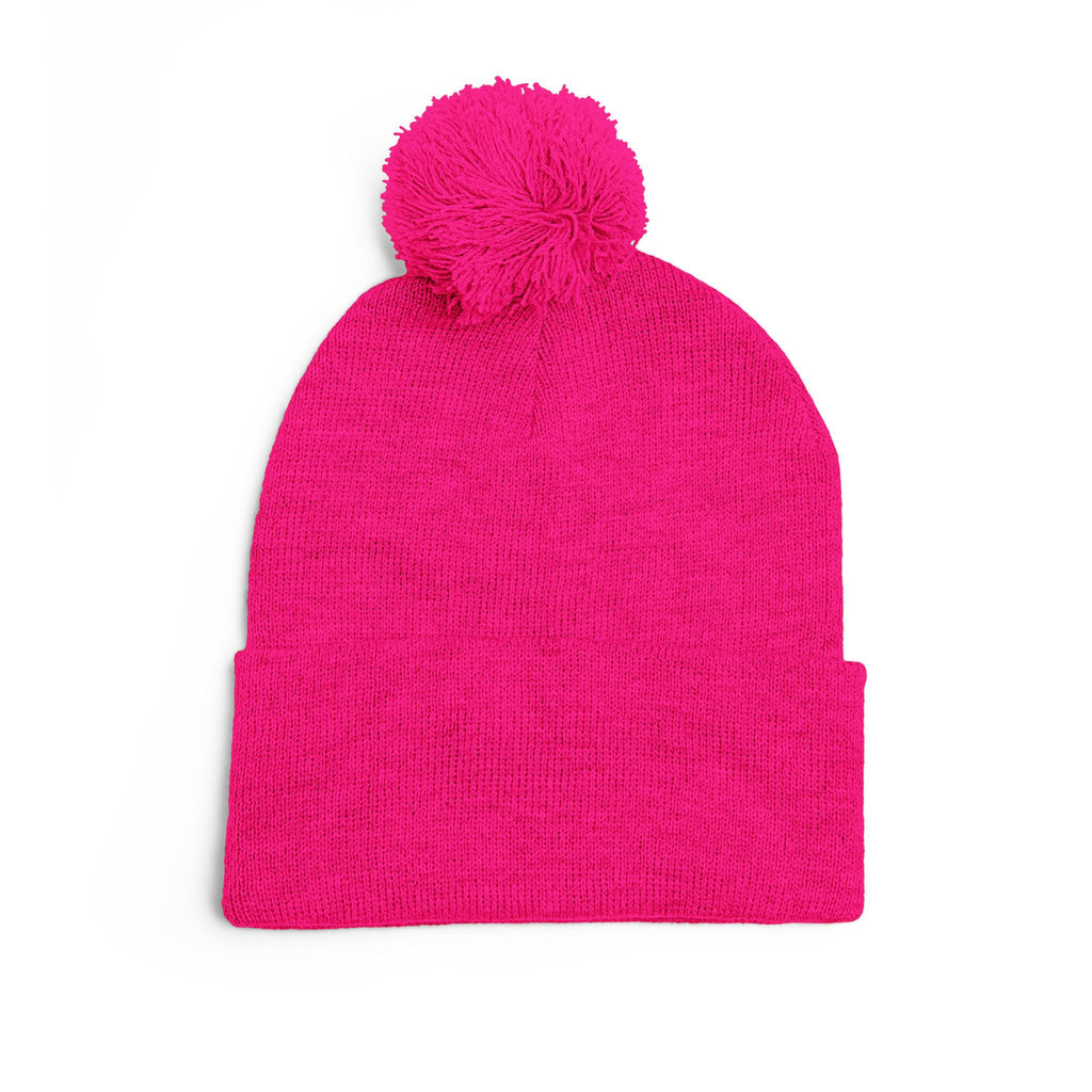 '777' Pom-Pom Knit Cap — Hot Pink