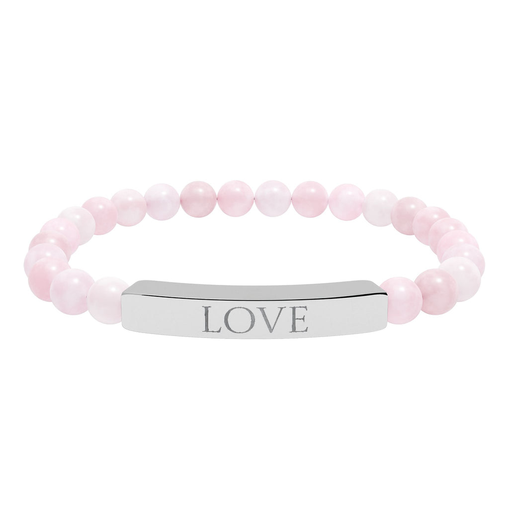 Rose Quartz Beaded Bar Bracelet — Engraved "LOVE" Natural Stone Stretch Bracelet