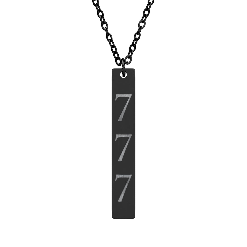 Engraved Vertical Bar Necklace — Triple 7 Lucky Number Pendant