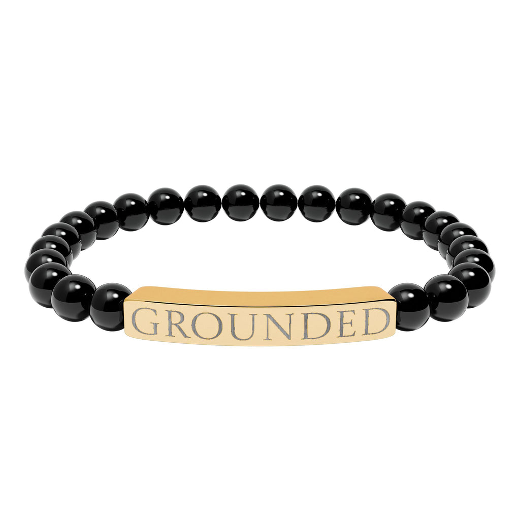 Grounded Natural Stone Stretch Bracelet — Engraved Bar
