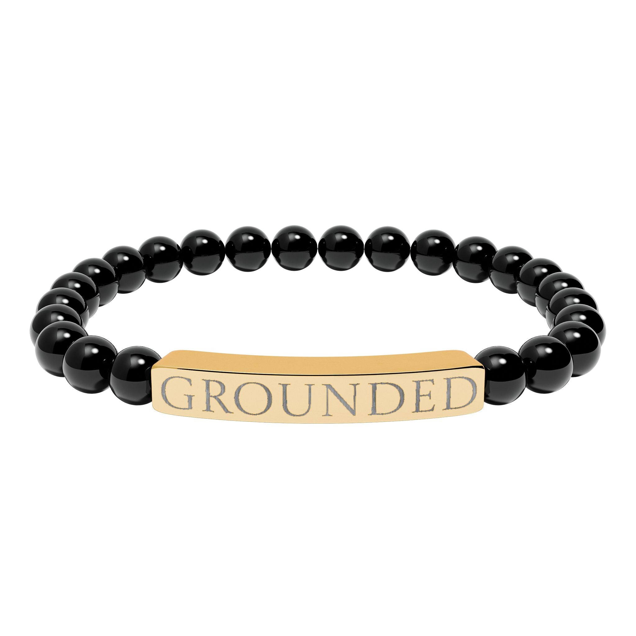 Grounded Natural Stone Stretch Bracelet — Engraved Bar