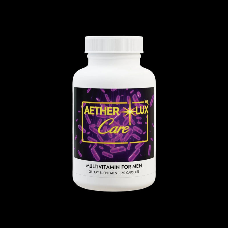 Multivitamin bottle for men with Aether Lux Care branding on a white background
