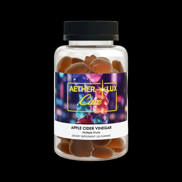 Jar of apple cider vinegar gummies with Aether Lux Care label on a white background
