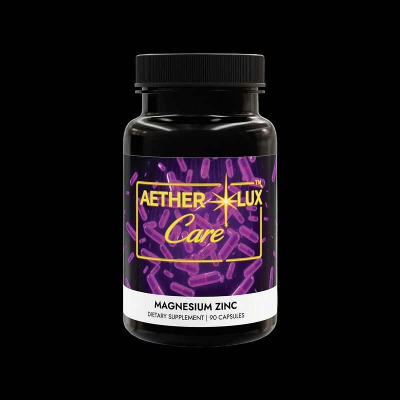 Supplement bottle labeled 'Aether Lux Care' with purple and yellow design on a white background