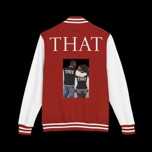 Red and white letterman jacket with a photo and text on the back