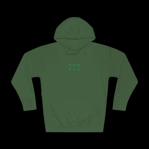 Green hoodie with a logo on the chest against a white background