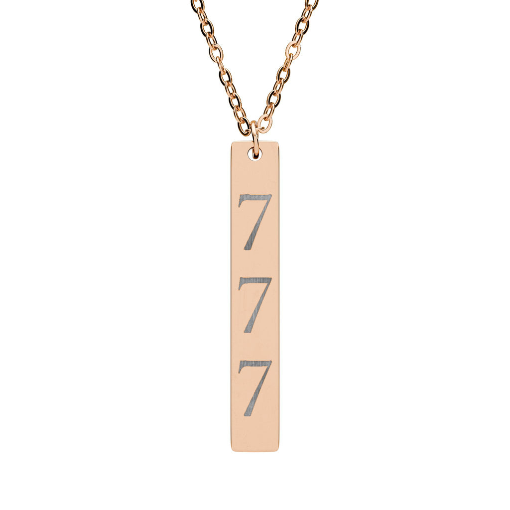 Engraved Vertical Bar Necklace — Triple 7 Lucky Number Pendant