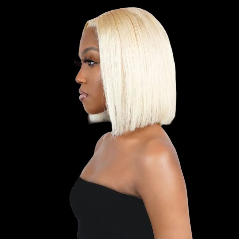 Woman with a blonde bob wig on a white background