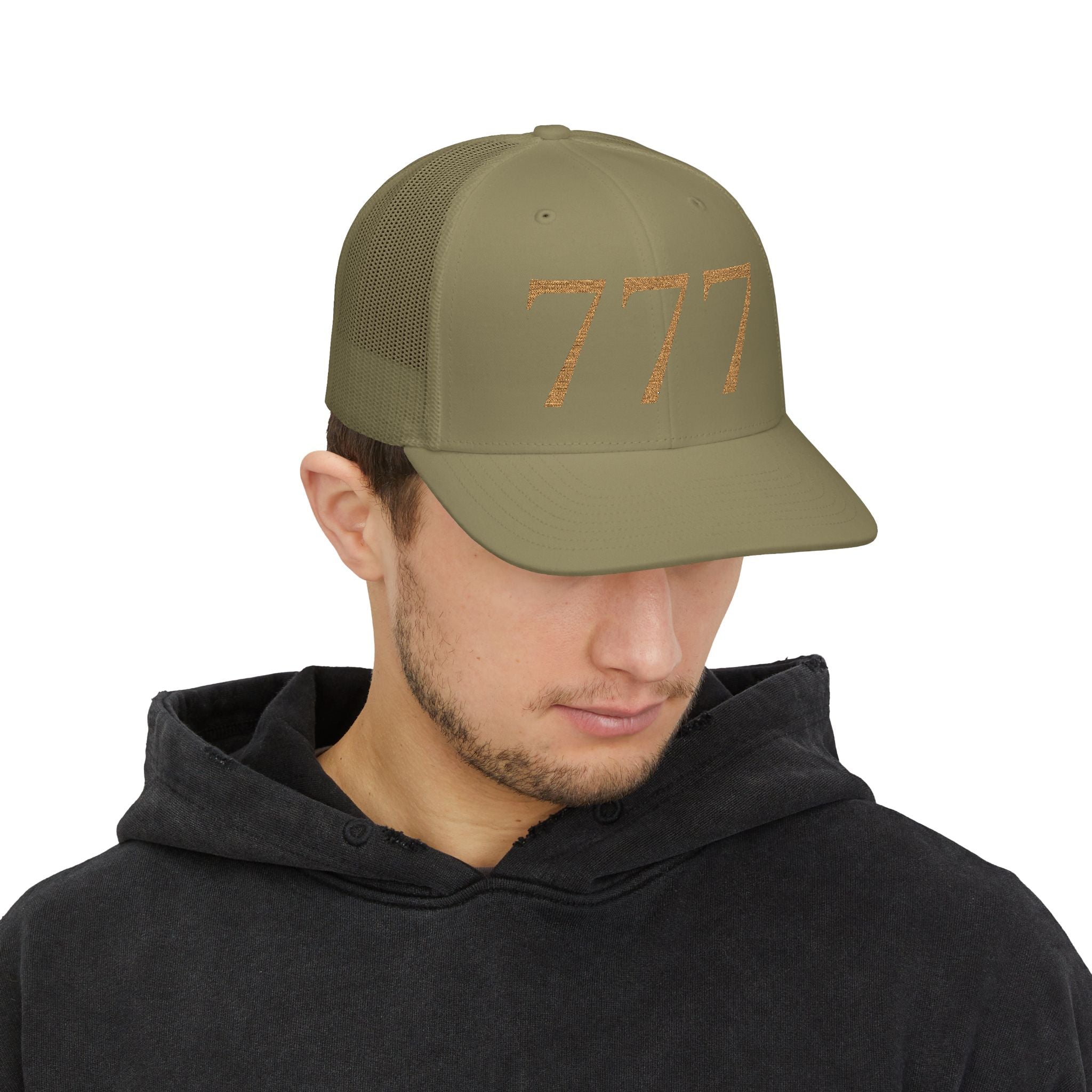 Army Green Embroidered '777' Trucker Hat — Lucky Number Snapback Cap