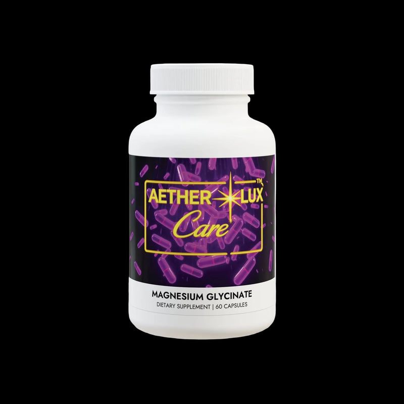 Supplement bottle labeled 'Aether Lux Care' on a white background