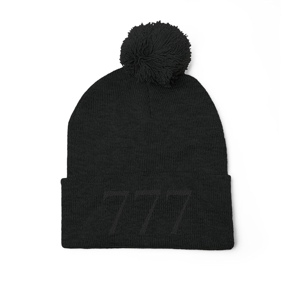 '777' Pom-Pom Knit Cap — Black Winter Beanie