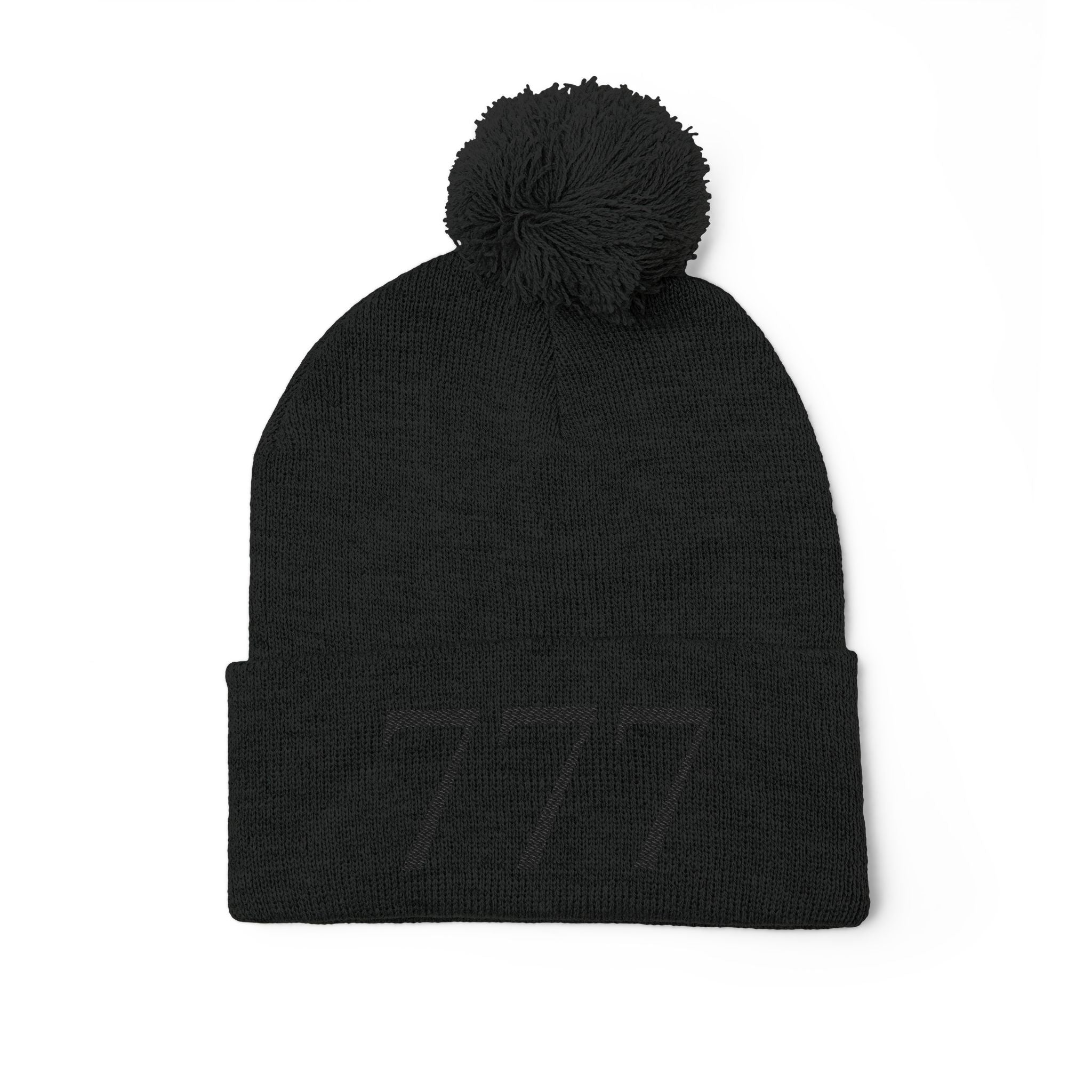 '777' Pom-Pom Knit Cap — Black Winter Beanie