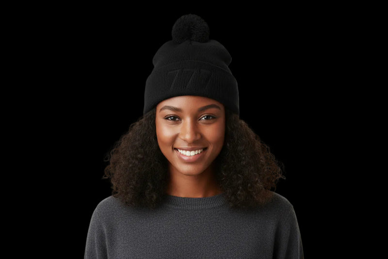 '777' Pom-Pom Knit Cap — Black Winter Beanie