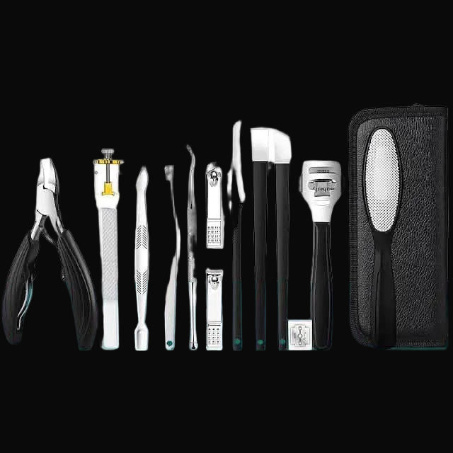 Set of grooming tools including scissors, tweezers, and a case on a white background