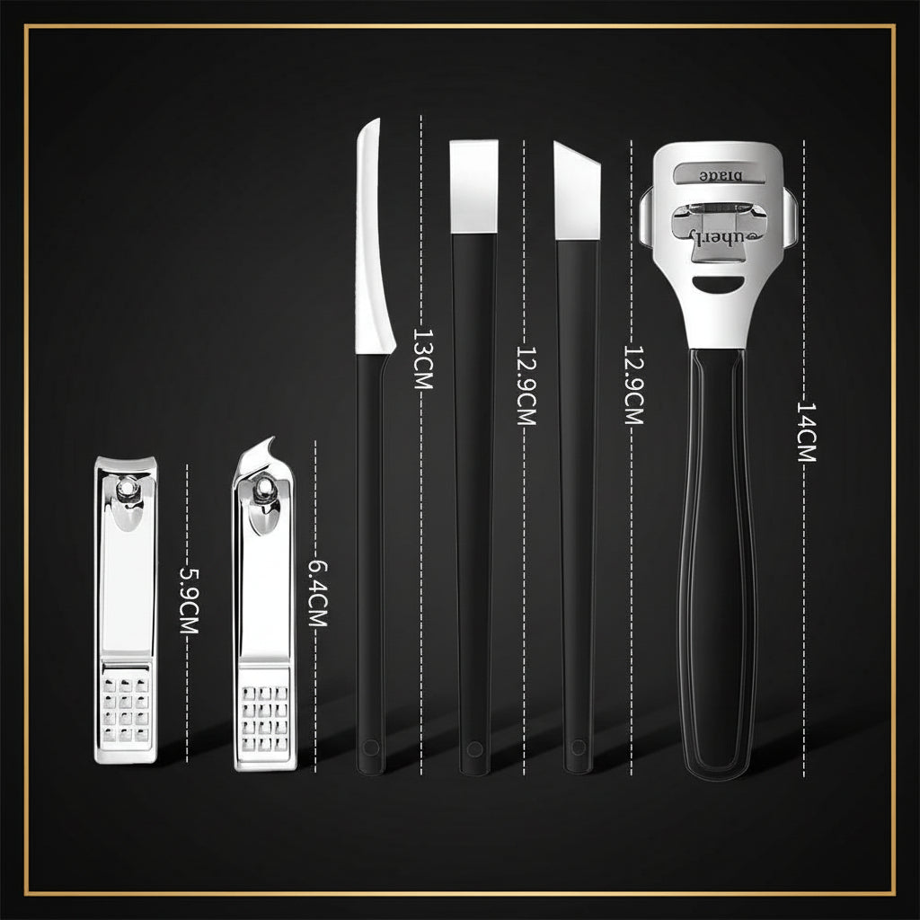 Set of black and silver nail care tools with measurements on a white background