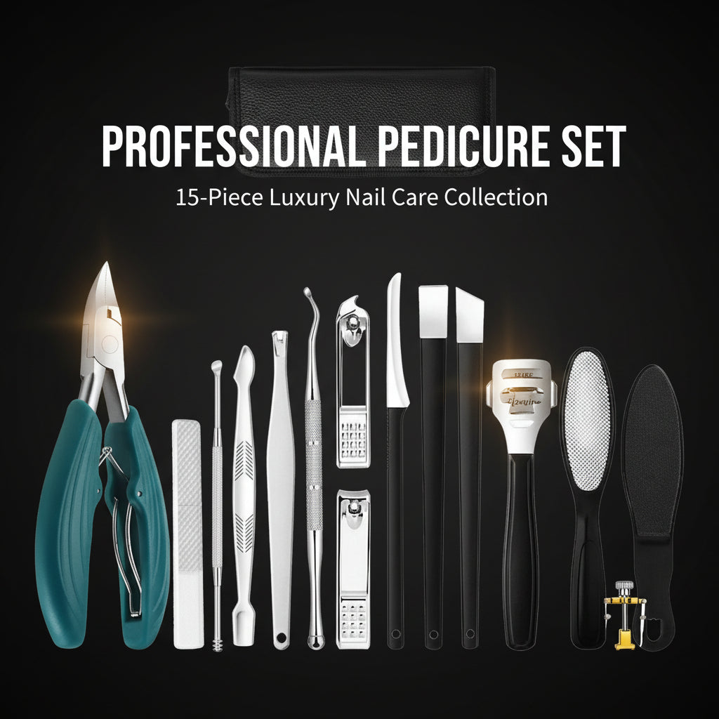 Set of nail care tools with a black case on a white background
