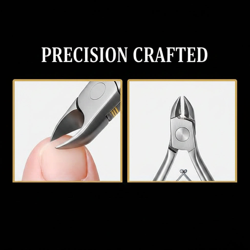 Close-up of a nail clipper cutting a fingernail with two views.