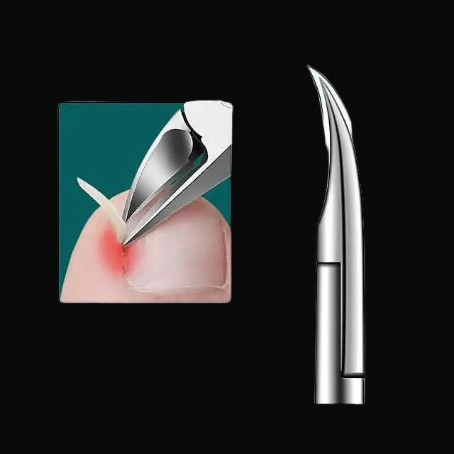Metallic tool being used on a nail with a close-up of the action.