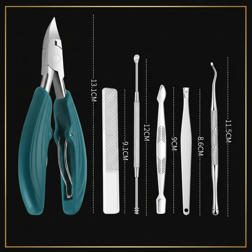 Set of nail care tools with measurements on a white background