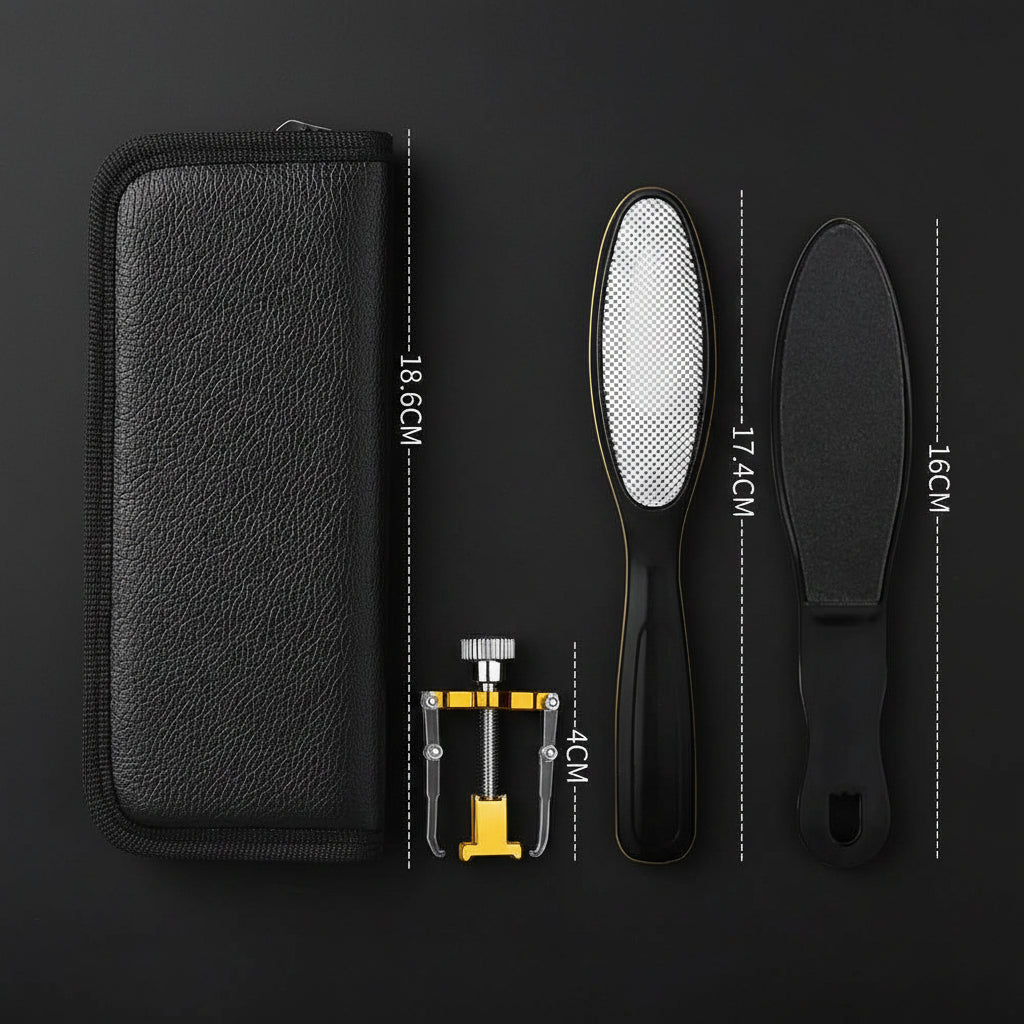 Set of black foot care tools with dimensions on a white background