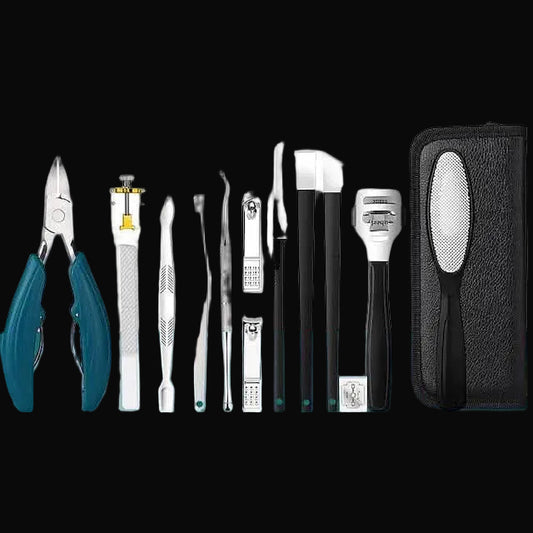 Set of nail care tools including cuticle nippers, files, and a case on a white background.