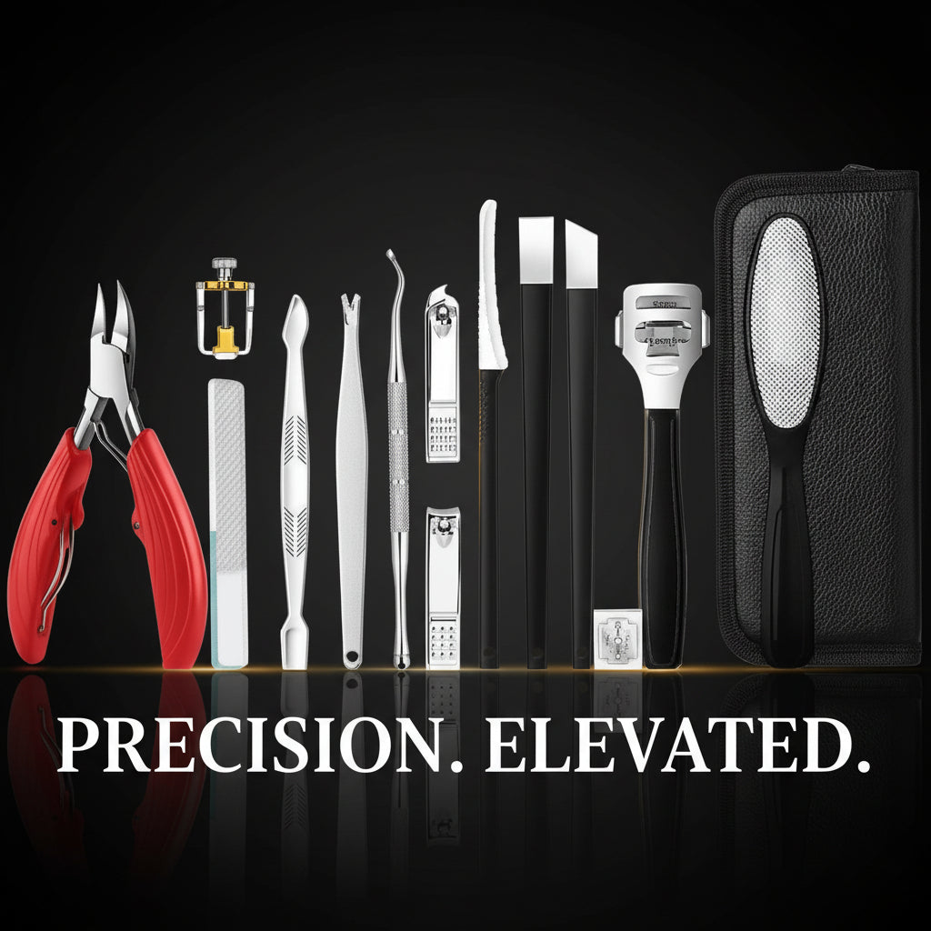 Set of grooming tools including a pair of red pliers, a black case, and various metal instruments on a white background.