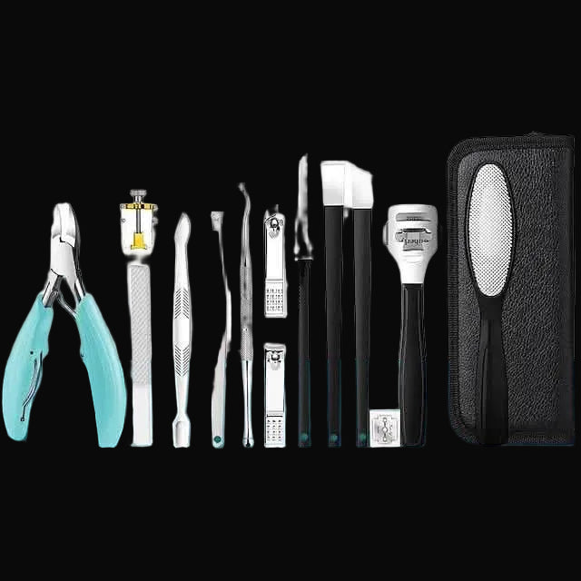 Set of skincare tools including scissors, tweezers, and a black case on a white background.